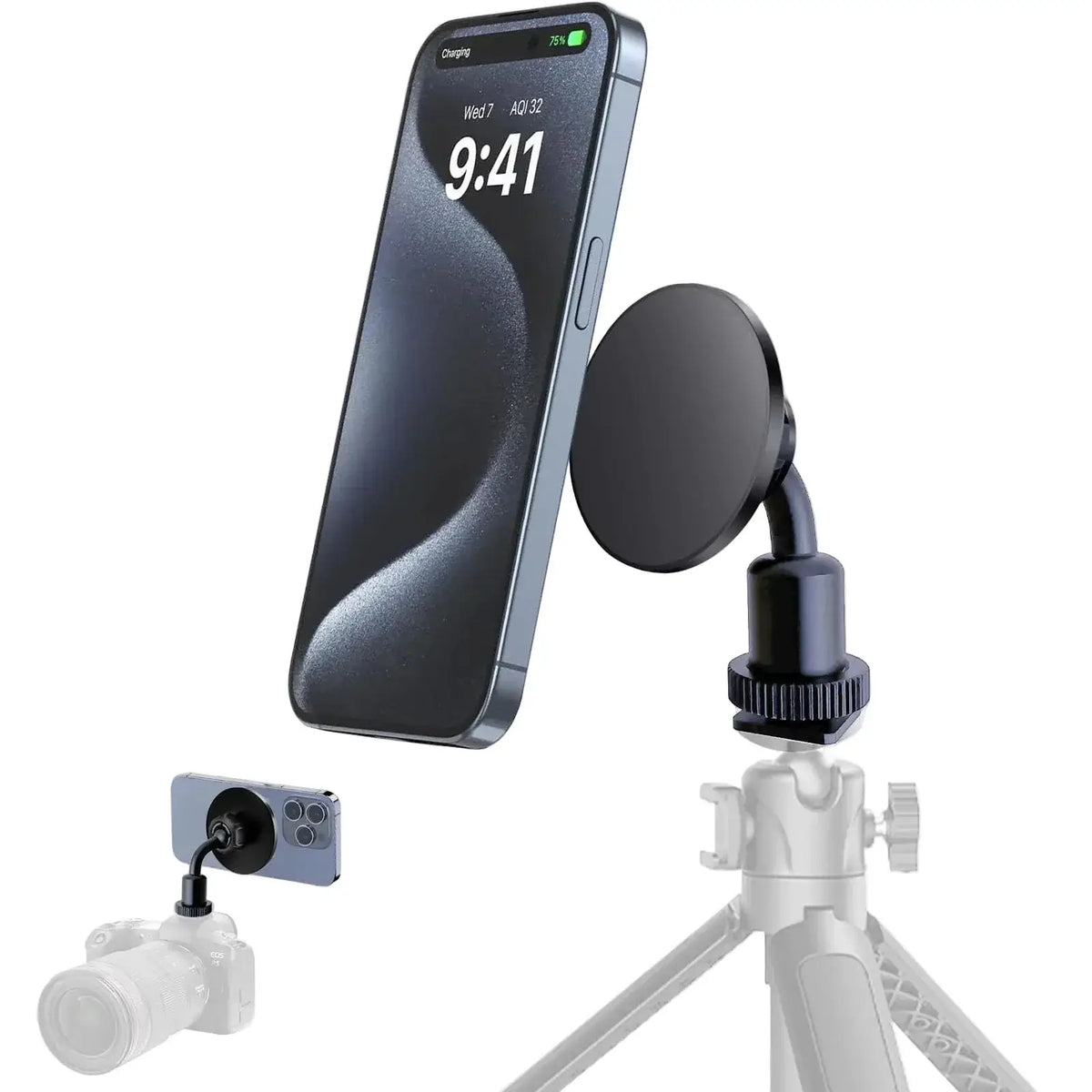 Jkoailiwi for MagSafe Tripod Phone Mount Adapter with 1/4"-20 Hole & Cold Shoe Cell Phone Tripod Holder for Selfie Stick/Ring Light Video Recording Compatible with iPhone 16 15 14 13 12 Gray