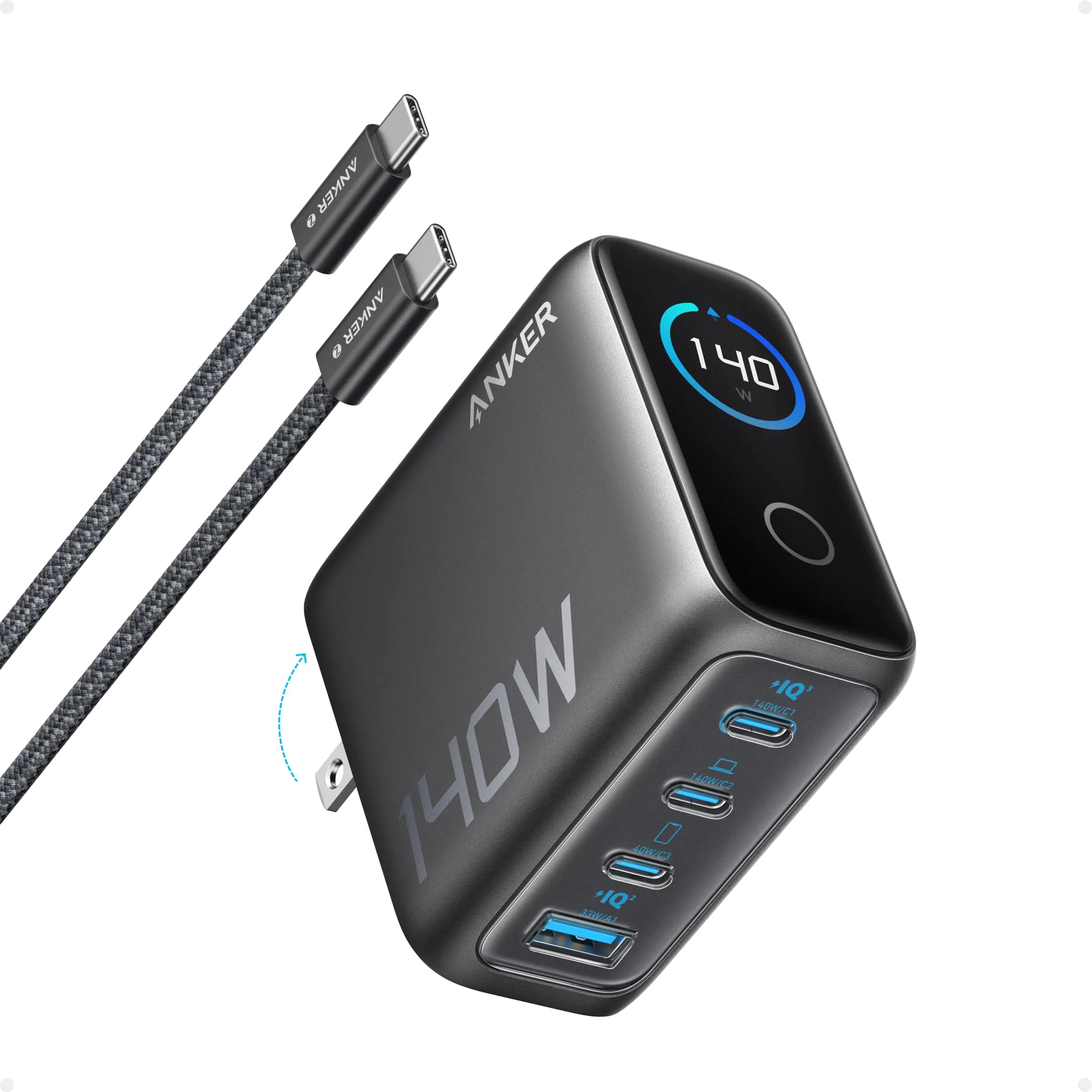 Anker 140W USB-C Charger Laptop Charger 4-Port Multi-Device Fast Charging Advanced GaN Power Adapter Intuitive Touch Controls for MacBook iPhone 16 Series Samsung Galaxy Pixel and More