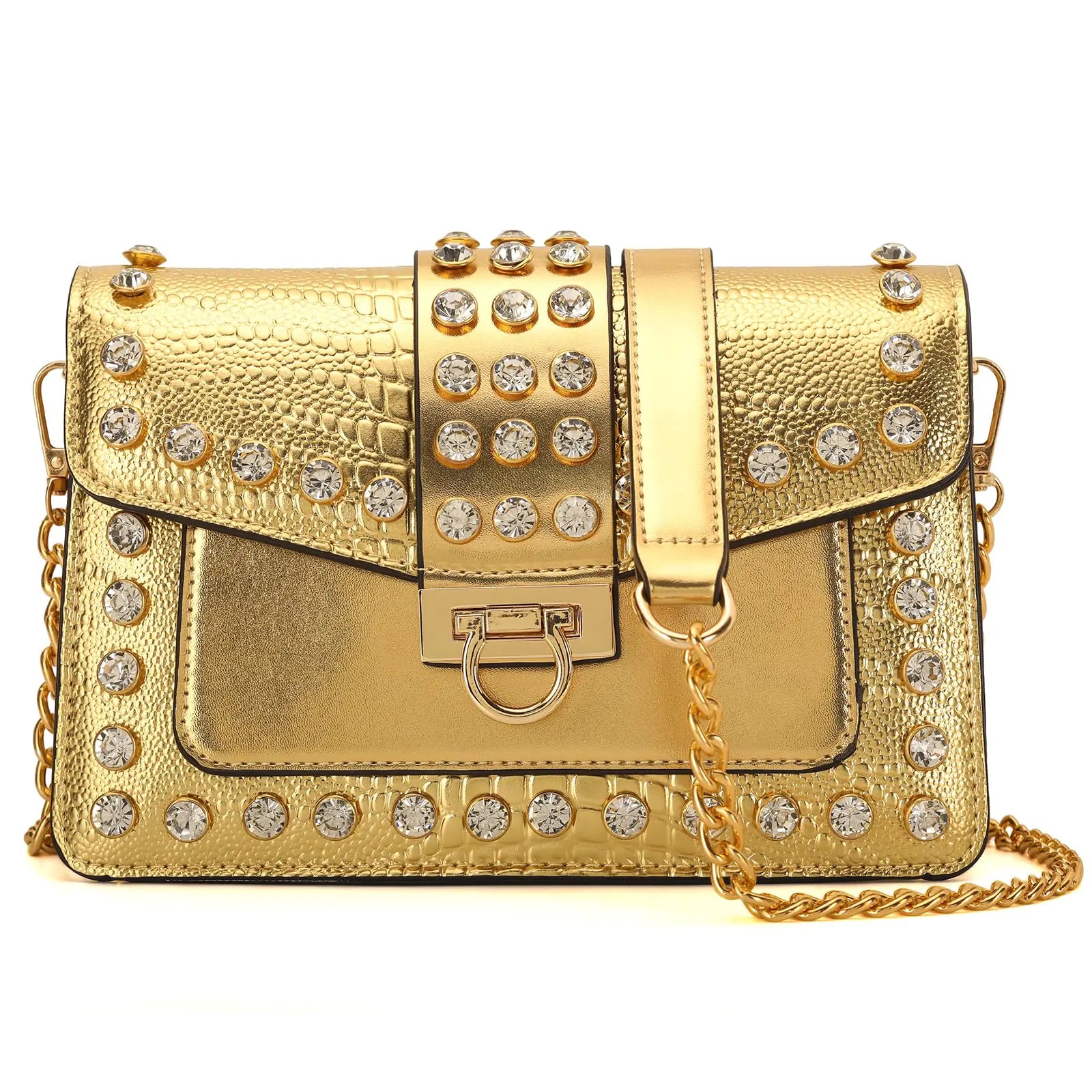 DIUY Women’s Leather Shoulder Bag – Vintage Crocodile Print Crossbody Satchel Golden