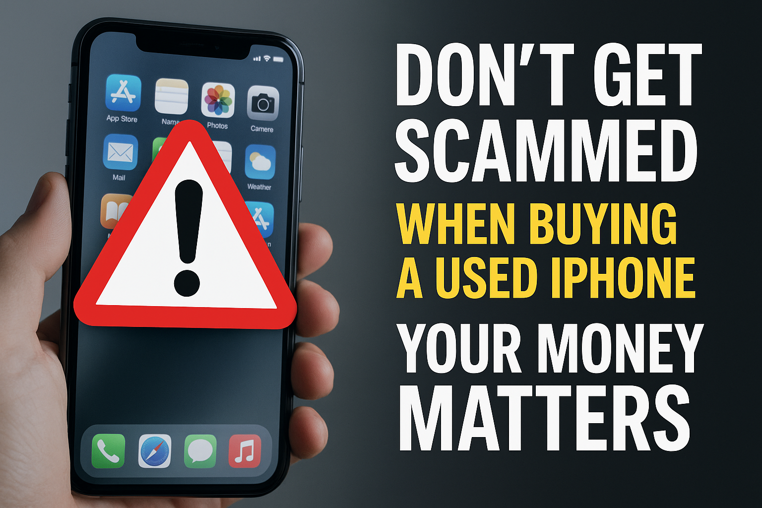 Image warning about used iPhone scams, reminding buyers to protect their money when purchasing.