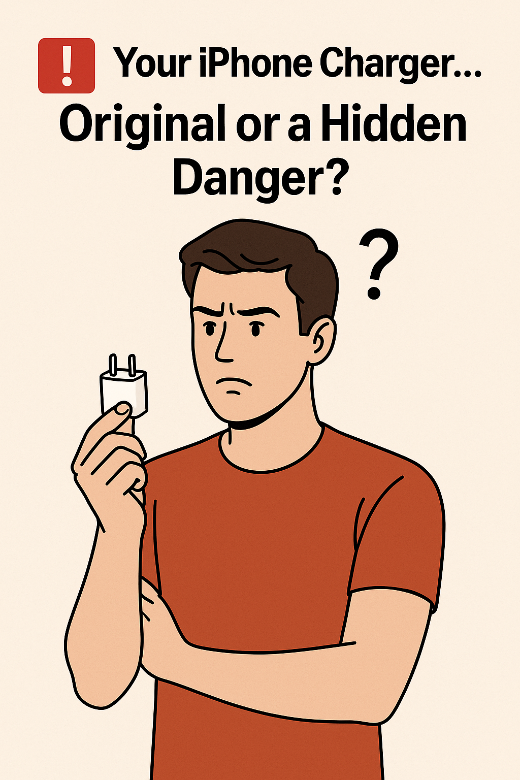 Your iPhone Charger Original or a Hidden Danger? man holding a charger with a concerned expression.