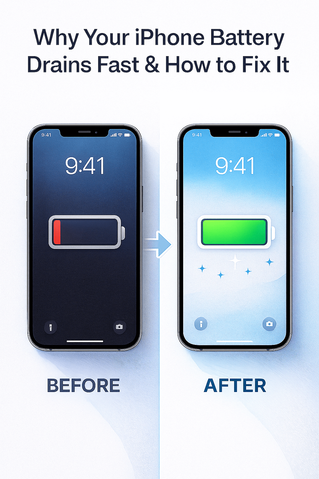 Image illustrating Why Your iPhone Battery Drains Fast & How to Fix It, showing battery icon before and after.