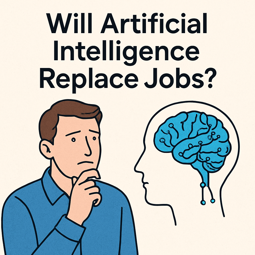 Illustration of a man pondering, with text reading 'Will Artificial Intelligence Replace Jobs?' and a brain graphic.