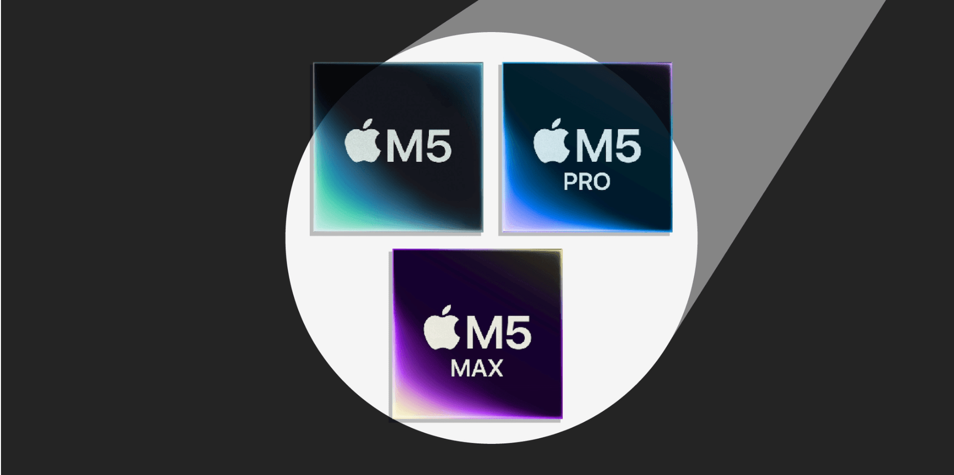 Image showcasing Apple silicon M5 chips, including M5, M5 PRO, and M5 MAX, highlighting their features.