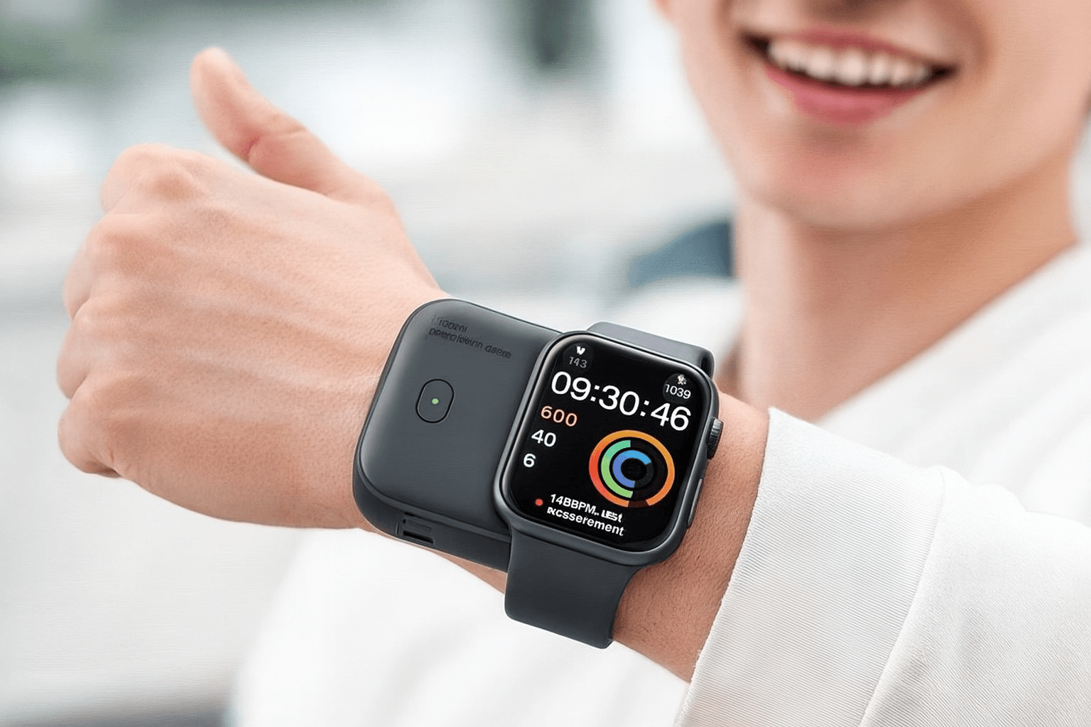 A person wearing an Apple Watch to address Apple Watch Battery Problems with a portable charger.