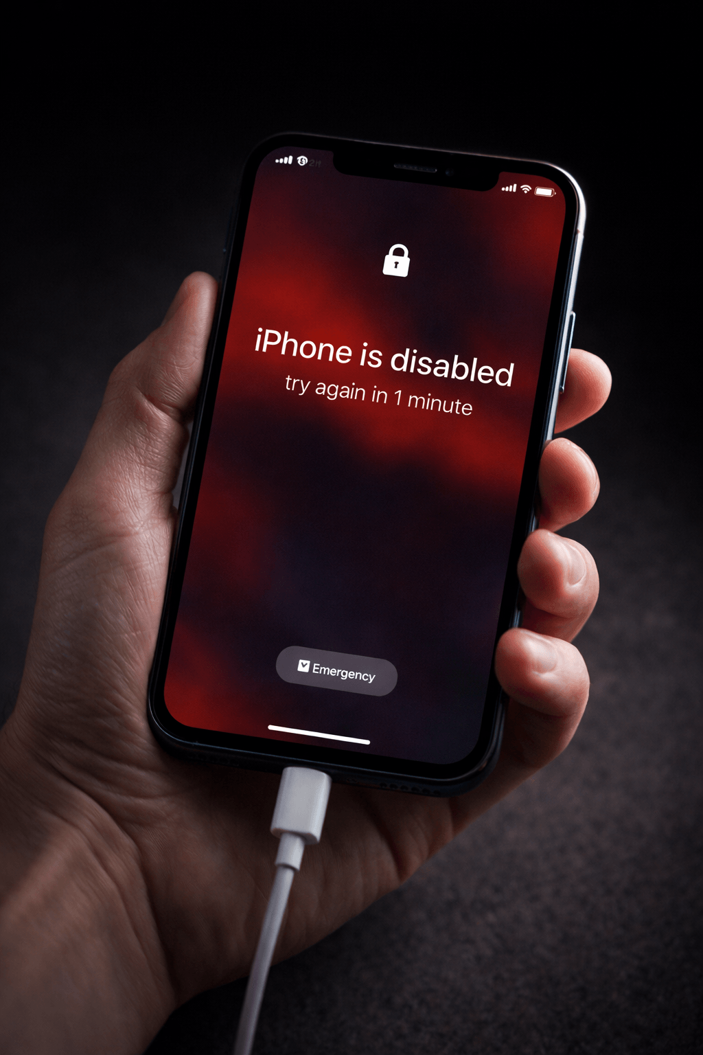 Your iPhone Says Disabled screen showing a locked iPhone message with charging cable connected.