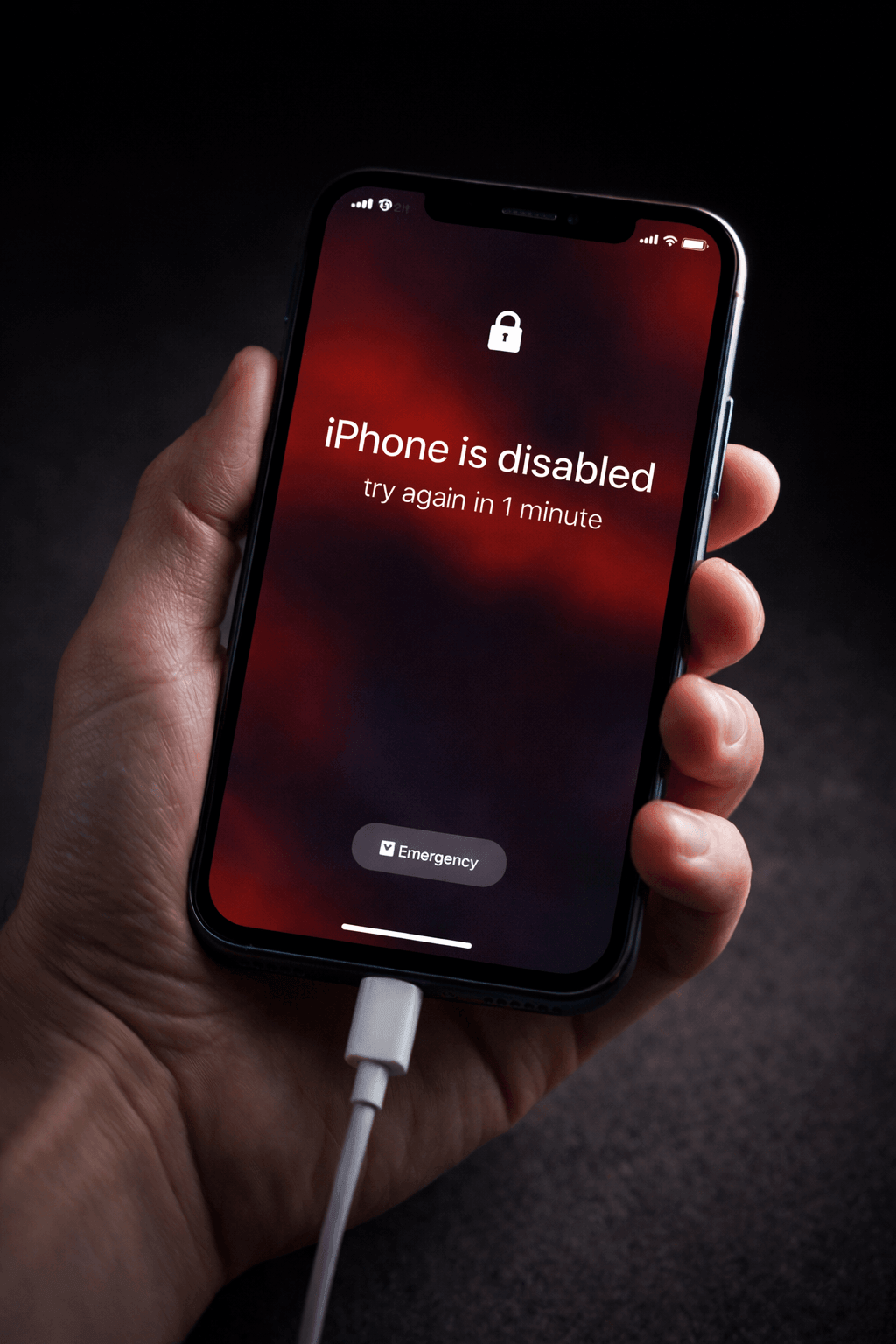 Your iPhone Says Disabled screen showing a locked iPhone message with charging cable connected.