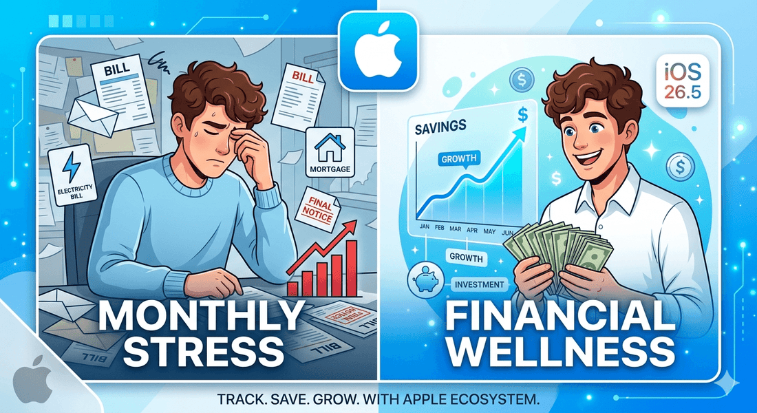 Apple iOS 26.5 annual subscription plan graphic illustrating monthly stress versus financial wellness.