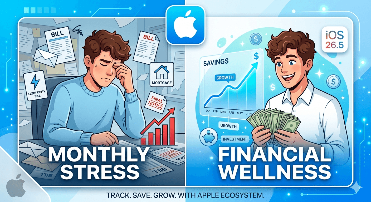 Apple iOS 26.5 annual subscription plan graphic illustrating monthly stress versus financial wellness.