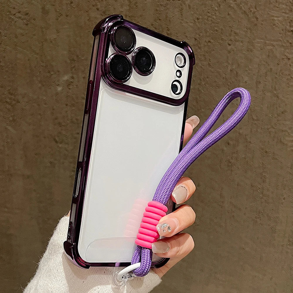 Luxury Plating Clear With Candy Lanyard Shockproof Bumper Phone Case For iPhone 17 Pro Max 17 Pro 17 Air Hand Wrist Strap Cover
