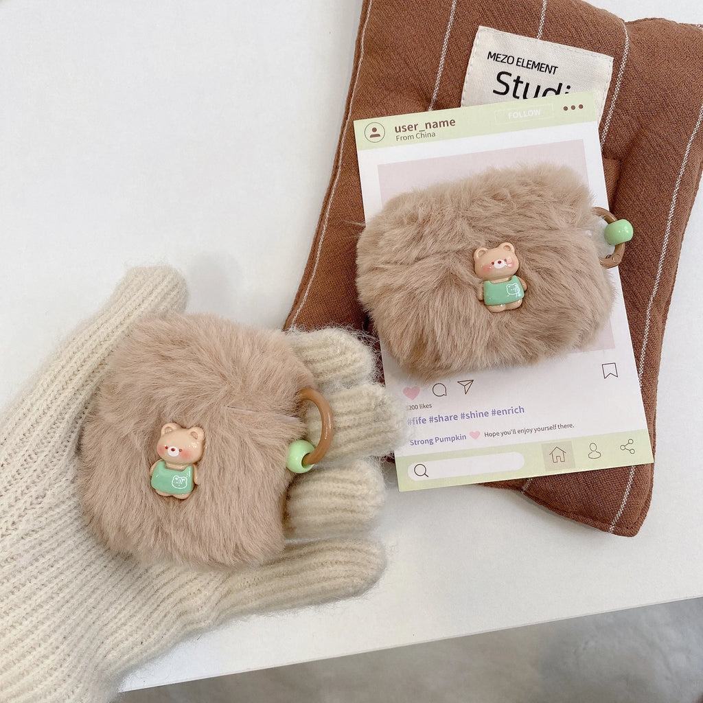 Cute Plush 3D Bear Earphone Case for Apple Airpods 1 2 Pro Protective Cover Fluffy For Air pods Pro2 3 Funda with Star Keychain