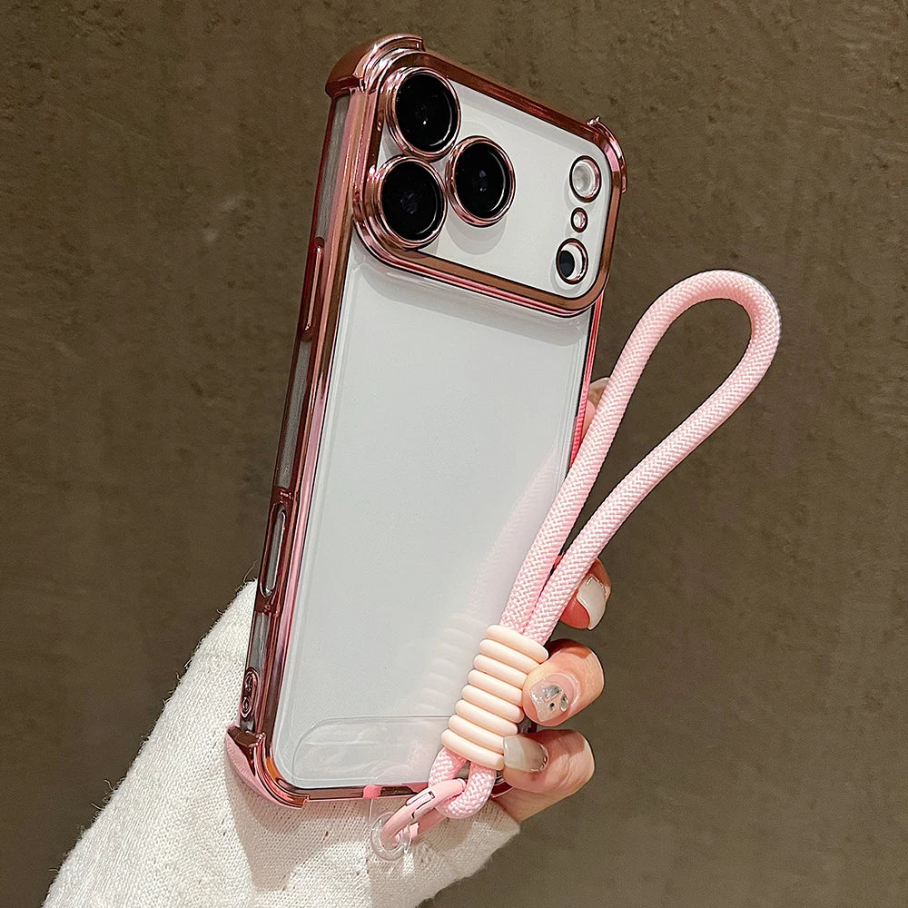 Luxury Plating Clear With Candy Lanyard Shockproof Bumper Phone Case For iPhone 17 Pro Max 17 Pro 17 Air Hand Wrist Strap Cover