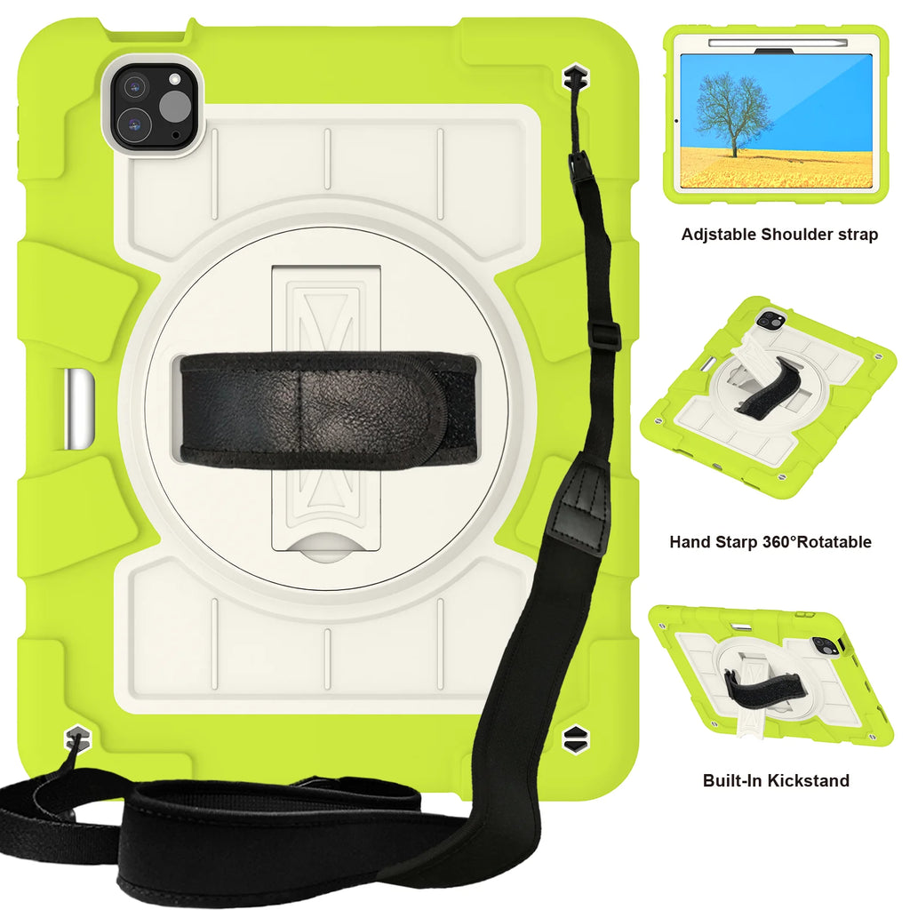 Heavy Duty Case For iPad Pro 11 M4 2024 Model A2836 A2837 A3006 360 Rotation Armor Stand Cover With Shoulder Strap Shockproof