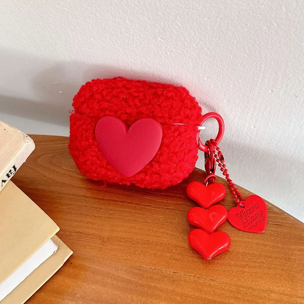 Red Fiber Plush 3D Love Soft TPU Earphone Case for AirPods 1 2 3 4 Pro 2 Silicone Protection Cover Luxury Heart Chain Pendant