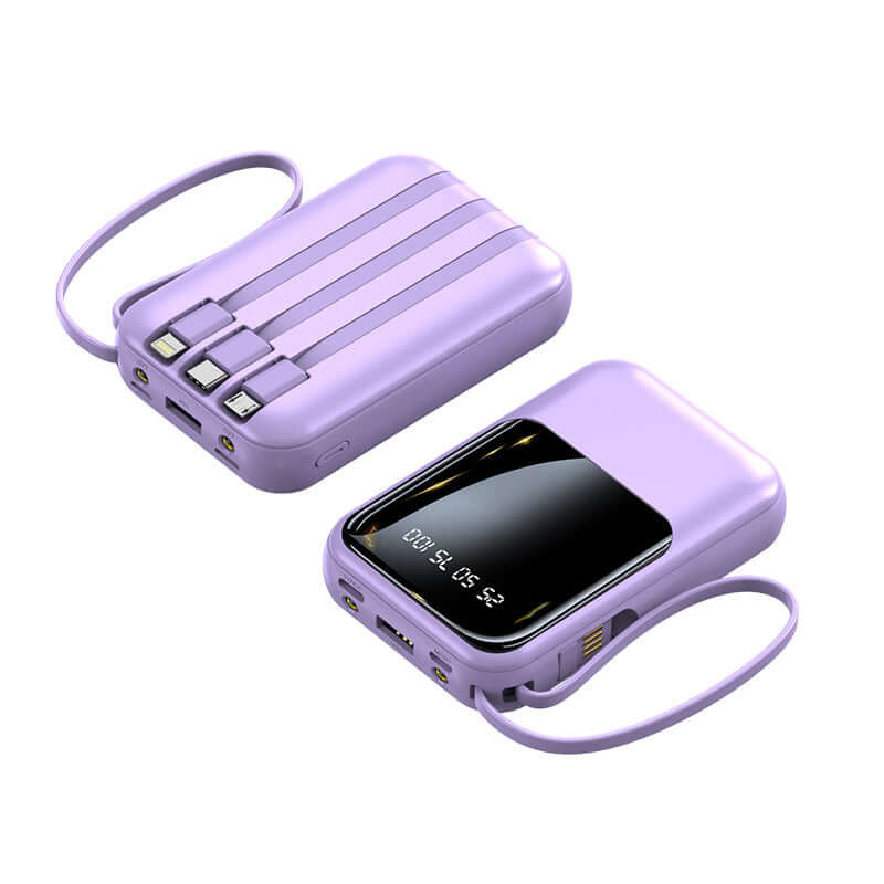 Mini 10000mAh Power Bank with Built-in Cable, Cute Design in lavender color, showcasing ports and display.