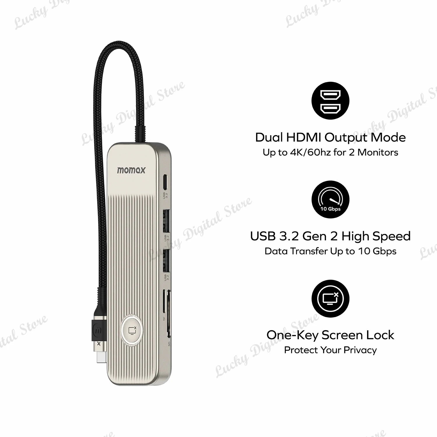 Momax 9 in 1 USB-C Hub Fast 10Gbps USB 3.2 Display Hub 100W Max PD-in for MacBook Pro iPad iPhone 15 Surface Pro Dell and More