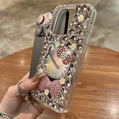 Coque de protection Sanrio Full Diamond Katie pour iPhone, avec miroir Kawaii Bling-bling et nœud mignon, pour 16 15 Pro Max 14 13 12