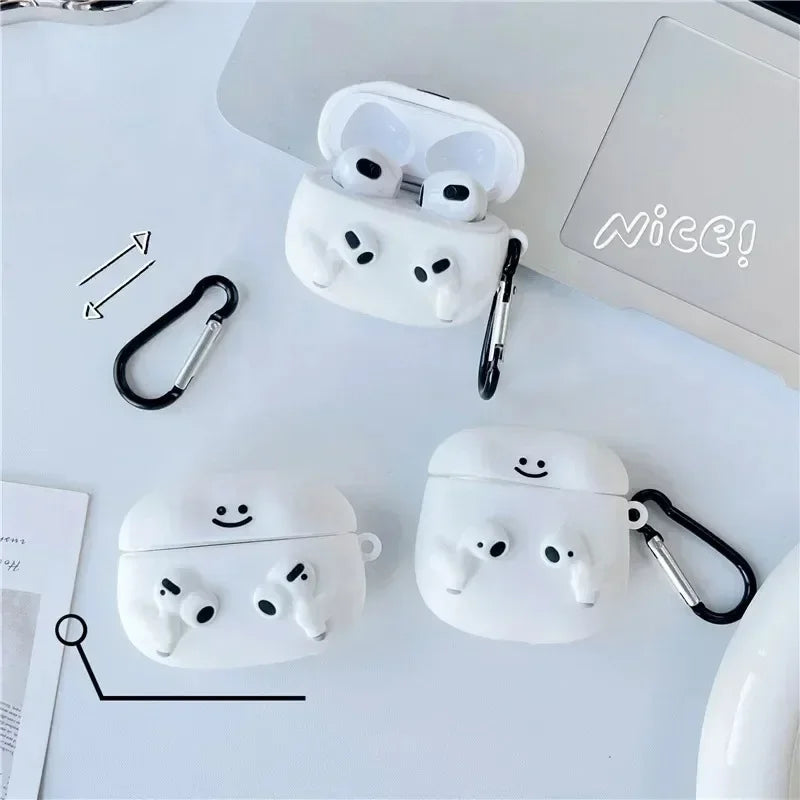 For Airpods 1 2 Pro 3 Individuality Cute White Cartoon with Earphones Hook up Anti-Drop Earphone Case For Airpods Pro 2 Shell