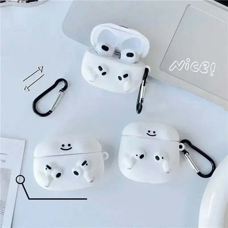 For Airpods 1 2 Pro 3 Individuality Cute White Cartoon with Earphones Hook up Anti-Drop Earphone Case For Airpods Pro 2 Shell