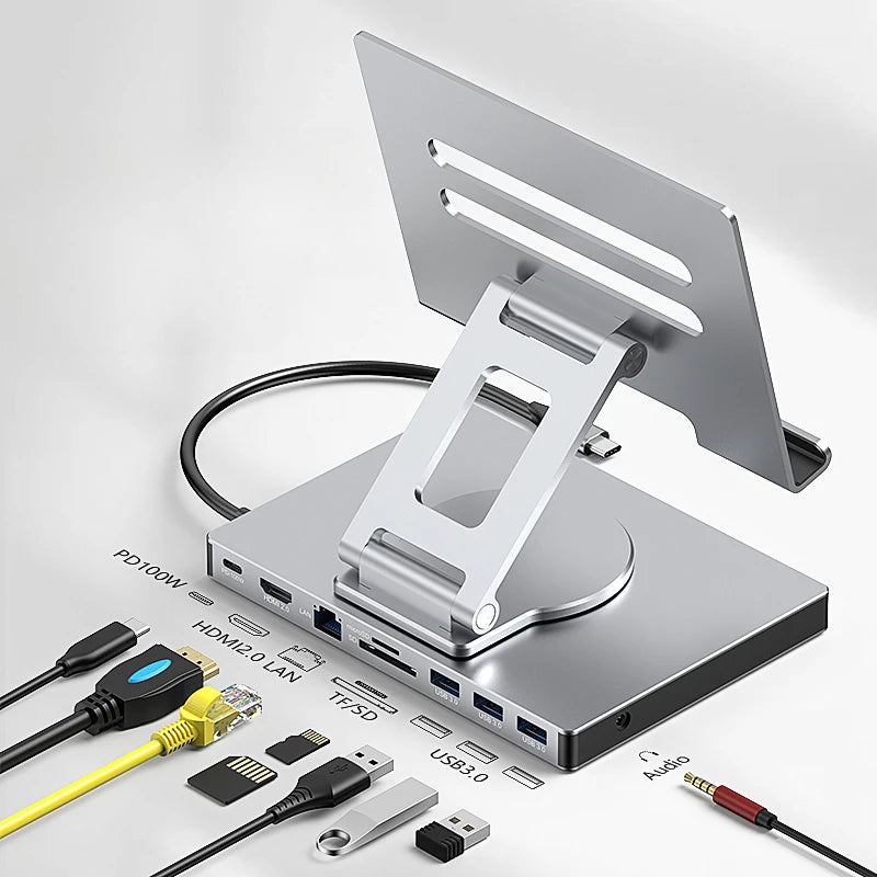 9-in-1 for IPad Pro USB C Hub Stand for M4/M2/Air 13/12.9/11", 4K HDMI, Ethernet, SD/TF Reader, 3xUSB 3.0, Foldable Dock