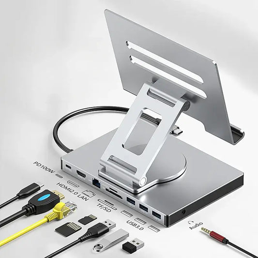 9-in-1 for IPad Pro USB C Hub Stand for M4/M2/Air 13/12.9/11", 4K HDMI, Ethernet, SD/TF Reader, 3xUSB 3.0, Foldable Dock