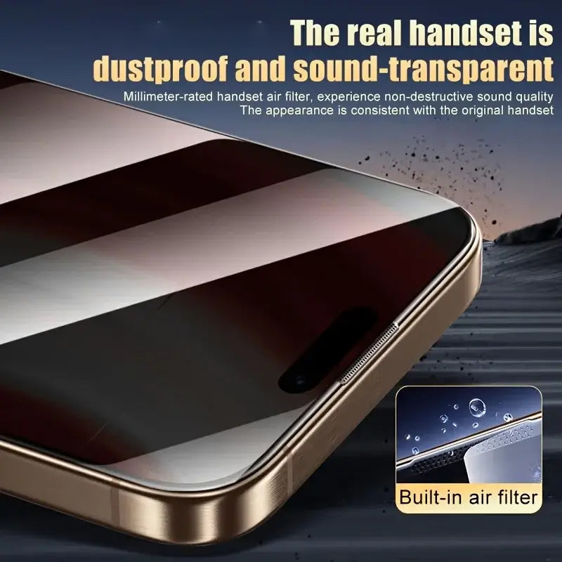 2Pcs Privacy Dust-Free Tempered Glass Screen Protector for iPhone with dustproof and sound-transparent features.