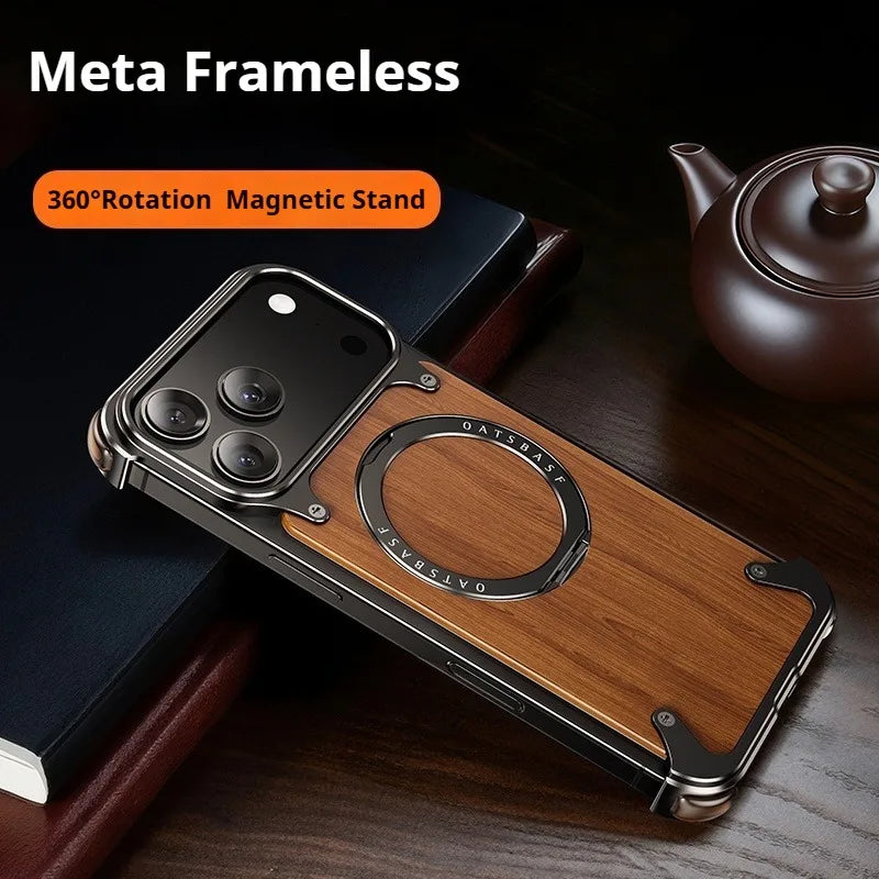 Eary Natural Wood for iPhone 17 Pro Max 17 Air Case Frameless with MagSafe 360°Rotation Phone Stand Shockproof Protective Cover