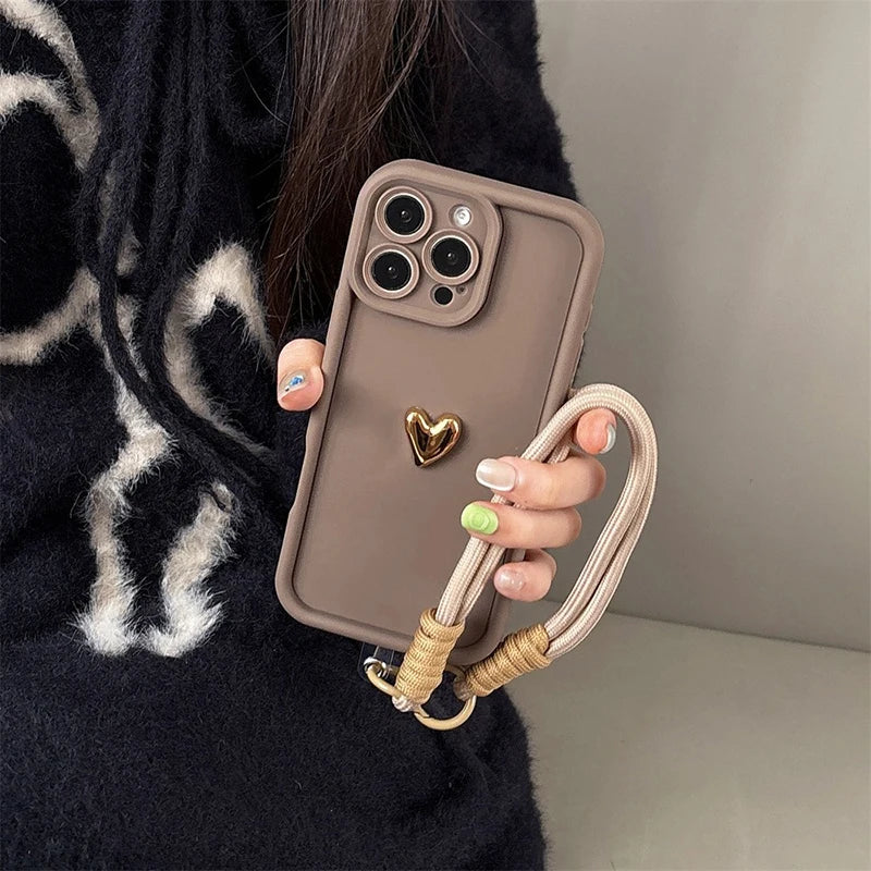 Cute Korean 3D Golden Love Heart Soft Case For iPhone 16 17 Pro Max 15 14 13 12 11 Pro 16E 7 8 Plus Wrist Chain Hang Strap Cover