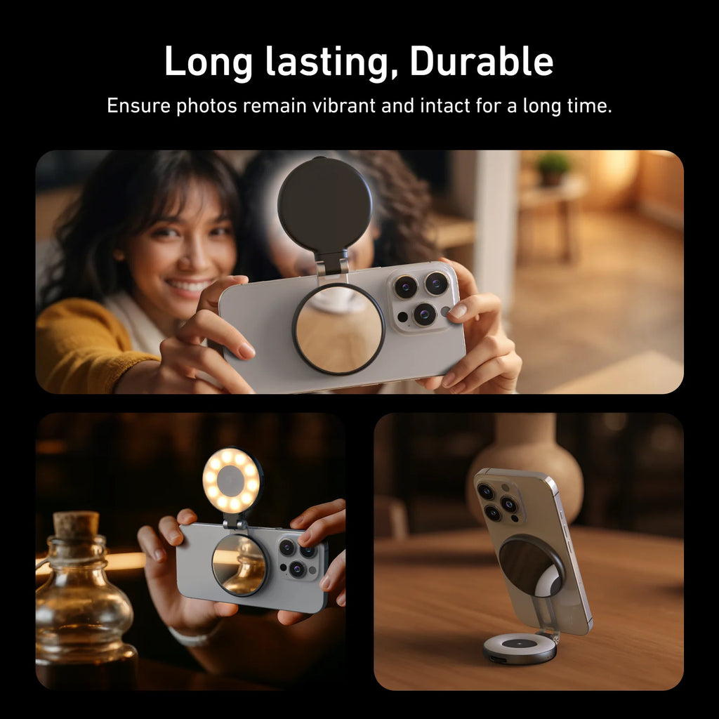 TELESIN Magnetic Fill Light Mini Selfie Ring Fill Lamp 3 Modes with Mirror Light for iPhone 17 16 15 14 Samsung VIVO HUAWEI MI