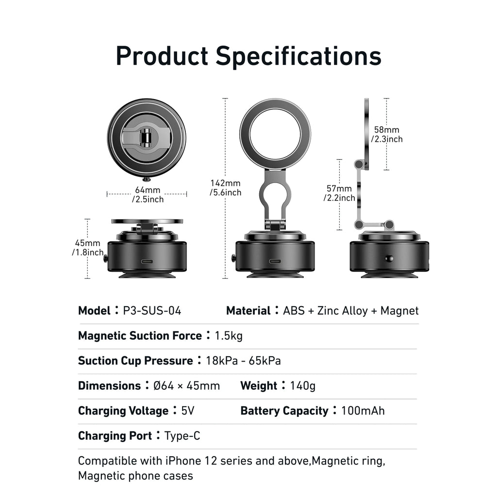 TELESIN Magnetic Electric Suction Cup Car Phone Holder 360° Adjustable Car Mount Stand For Mobile Phone Iphone  Andriod Phone