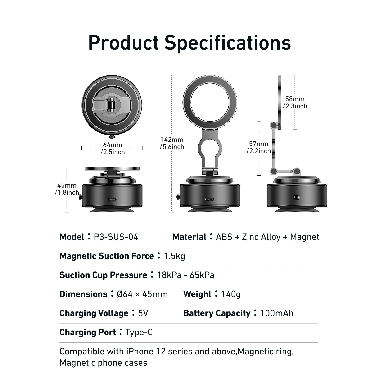 TELESIN Magnetic Electric Suction Cup Car Phone Holder 360° Adjustable Car Mount Stand For Mobile Phone Iphone  Andriod Phone
