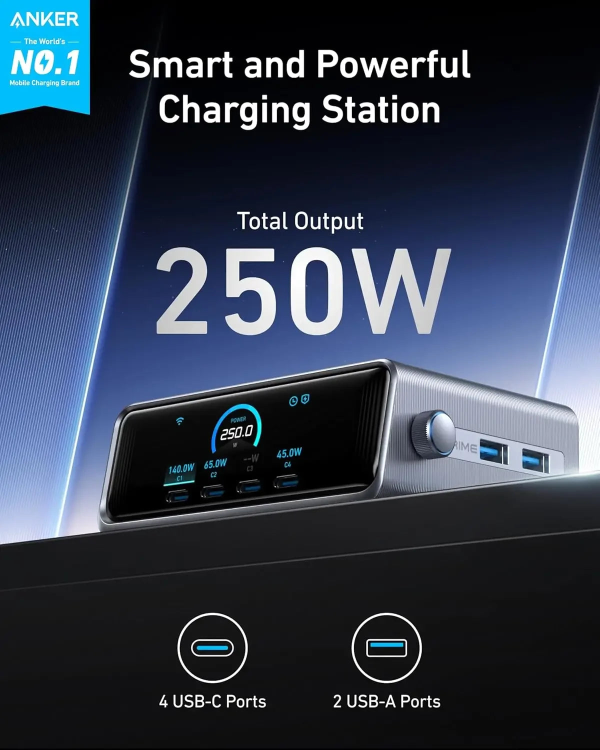 Anker Prime Charger, 250W GaN Prime USB C Charging Station, Ultra-Fast 6-Port, 2.26" LCD Display and Smart Control Dial