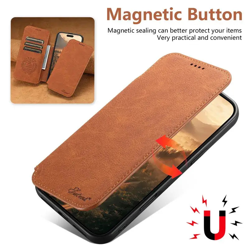 Retro Leather Wallet Flip – Strong Magnetic Phone Case