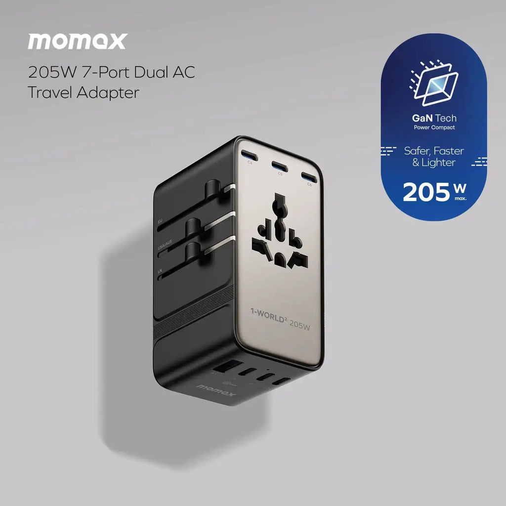 MOMAX 1-World 205W 7-Port Dual AC Travel Adapter GaN Charger