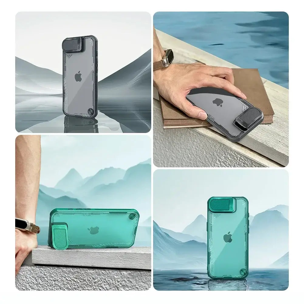 Coque NILLKIN pour iPhone 16e, modèle iceblade Prop Lens, ultra-fine, transparente, avec support de caméra et protection arrière.