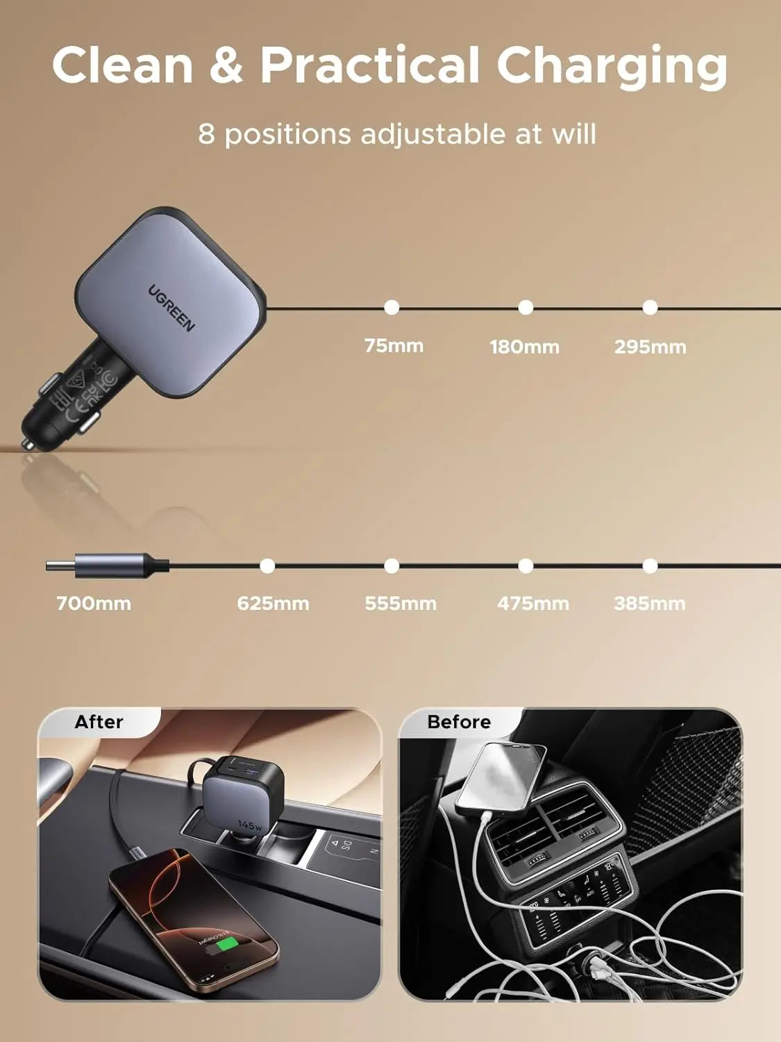 UGREEN 145W 3C1A Retractable Car Charger, USB C Car Phone Charger Fast Charging with Type C Cable