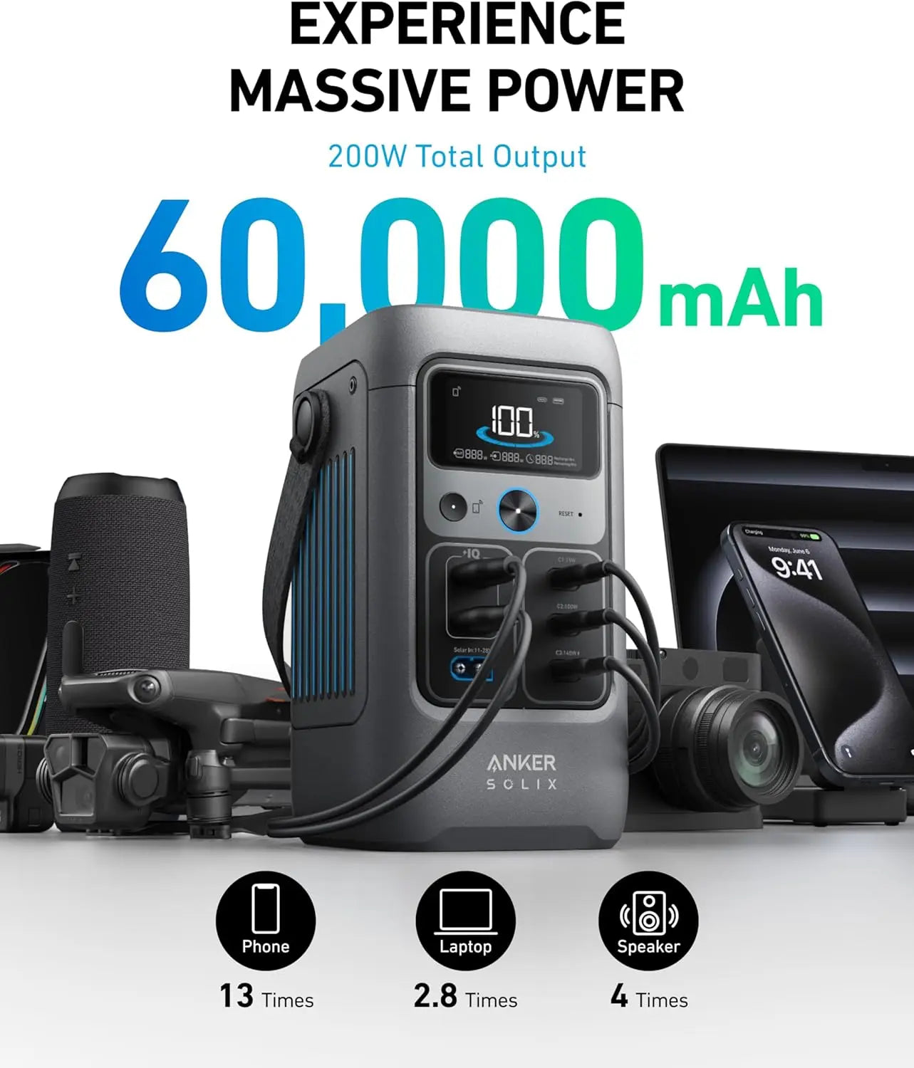 Anker SOLIX C200 DC Power Bank Station 60,000mAh, 192Wh Portable Power Station LiFePO4 Battery for Outdoor Camping