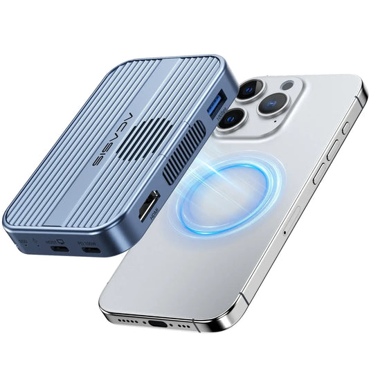 Acasis 10 Gbps Magnetic M.2 NVMe SSD Enclosure – USB-C Dock 4 K Hub next to an iPhone, showcasing connectivity features.