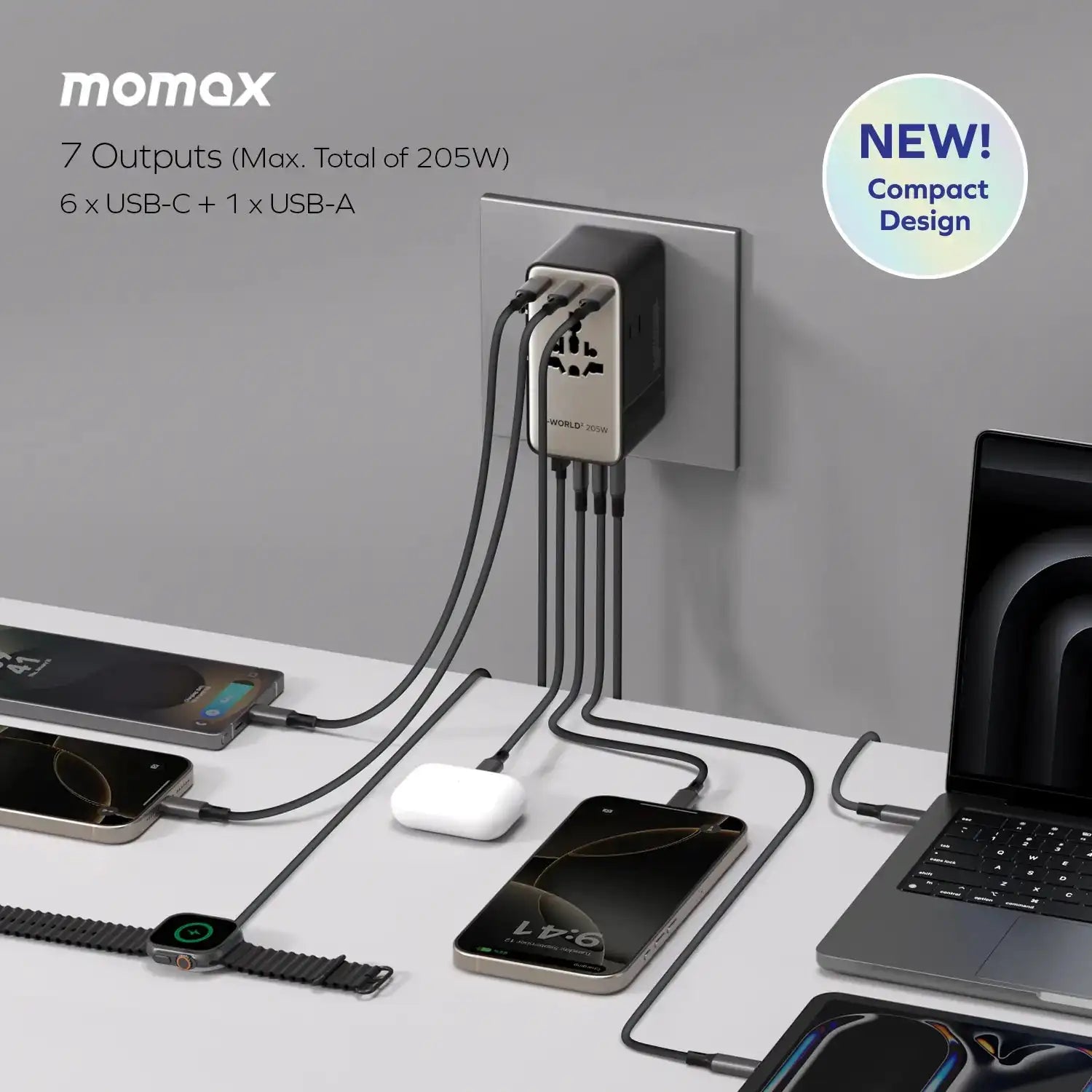 MOMAX 1-World 205W 7-Port Dual AC Travel Adapter GaN Charger