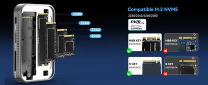 Acasis 10 Gbps Magnetic M.2 NVMe SSD Enclosure – USB-C Dock 4 K Hub showcasing compatible M.2 NVME sizes 2230, 2242, 2260, 2280.