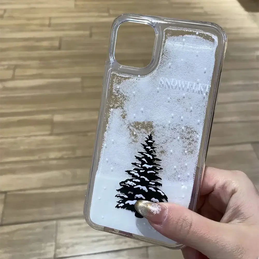 Phone Case For iPhone 16 15 14 13 12 11 8 7 6 6S XS X XR Mini Pro Max Plus INS Christmas Tree Print Snow Quicksand Clear Cover