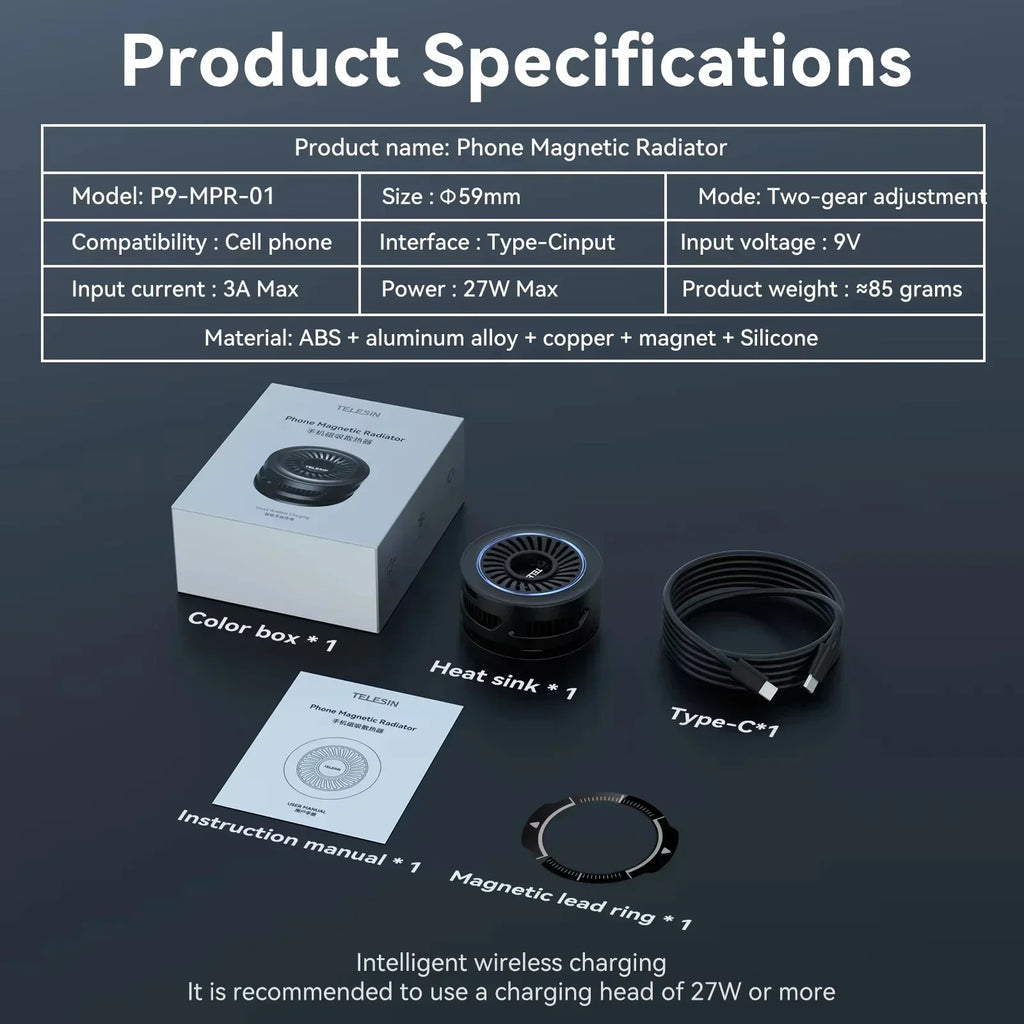 TELESIN Magsafe Phone Cooler & Wireless Charger for IPhone 16 Pro Max 15 14 13 Accessories Android Cellphone Cooling Fan Gaming