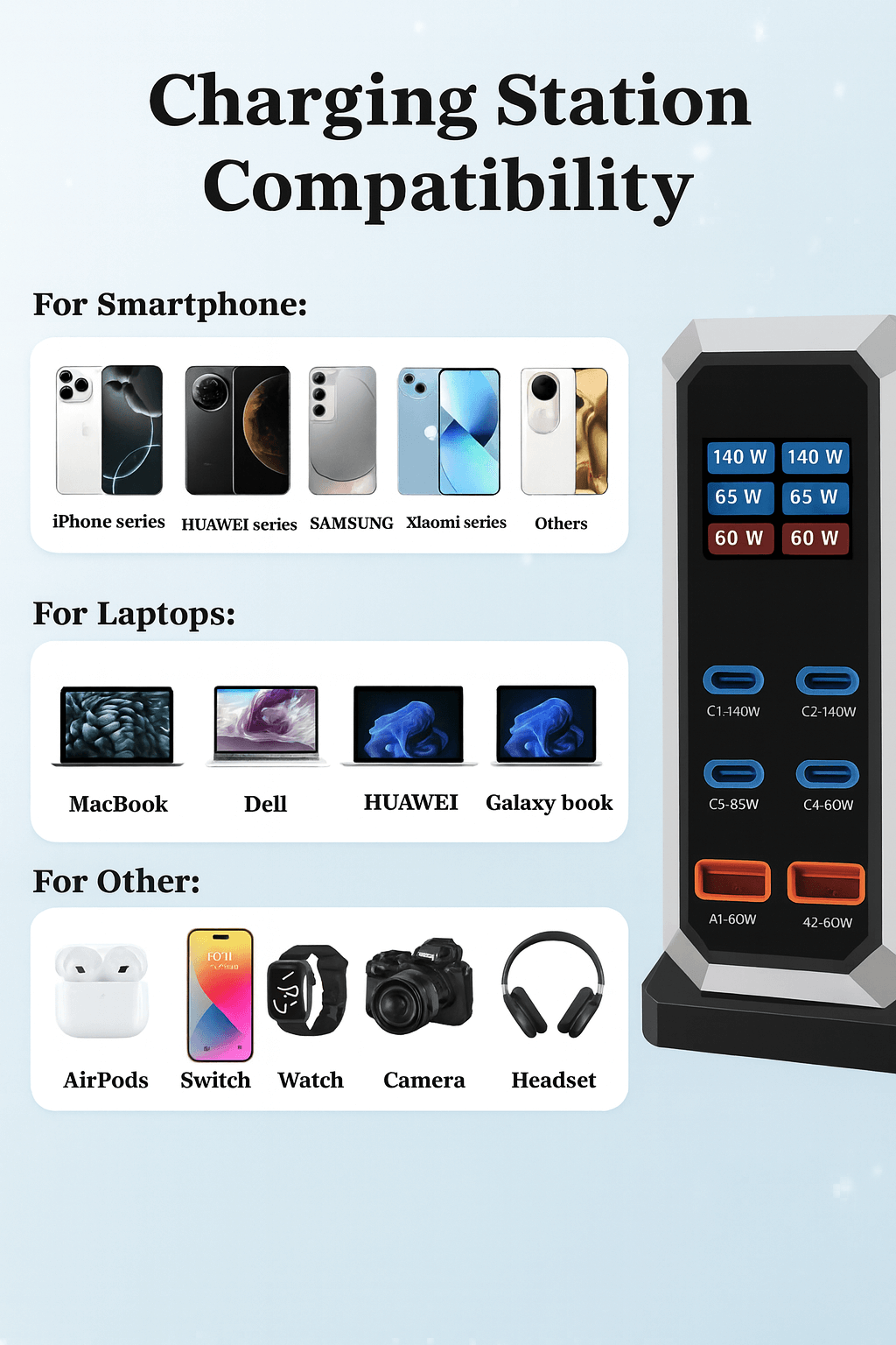 240W Multi-Port USB Fast Charger High-Speed Charging Station 
