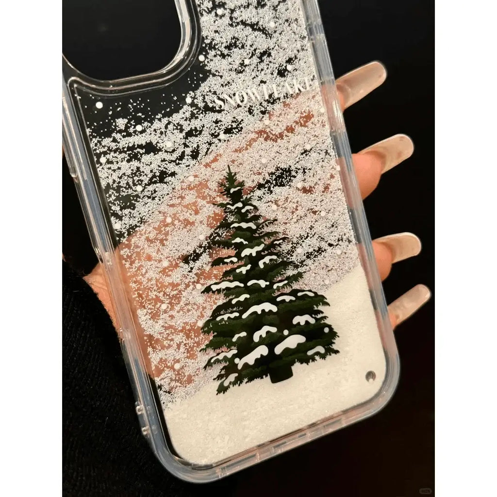 Phone Case For iPhone 16 15 14 13 12 11 8 7 6 6S XS X XR Mini Pro Max Plus INS Christmas Tree Print Snow Quicksand Clear Cover