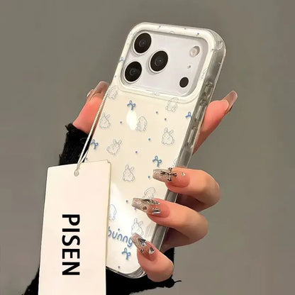 New Trendy Korean Ins Butterfly Rabbit Couple iPhone case held in hand with bunny design and clear background.