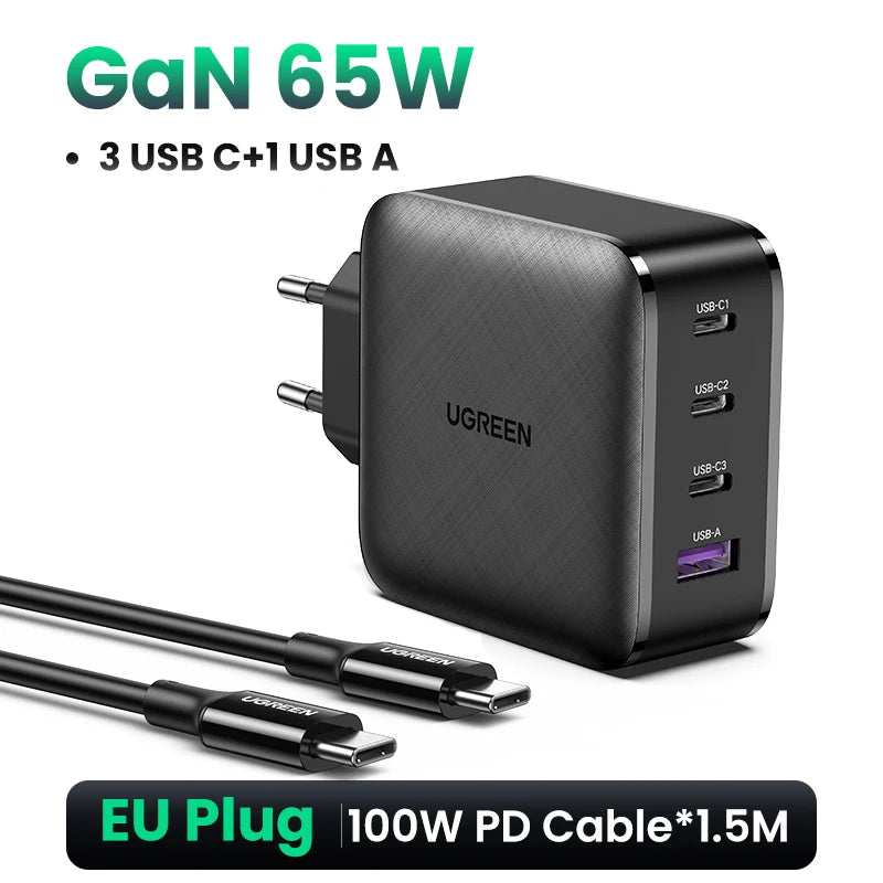 UGREEN 65W GaN Charger Quick Charge 4.0 3.0 Type C PD USB Charger with QC 4.0 3.0 Fast Charger for iPhone 16 15 14 Xiaomi Laptop