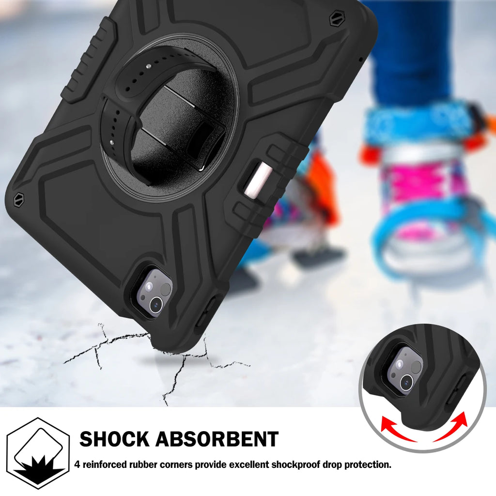Shockproof Case for iPad pro 11 inch (2024) with 360° Rotating Hand Strap, Portable Shoulder Strap and Pencil Slot