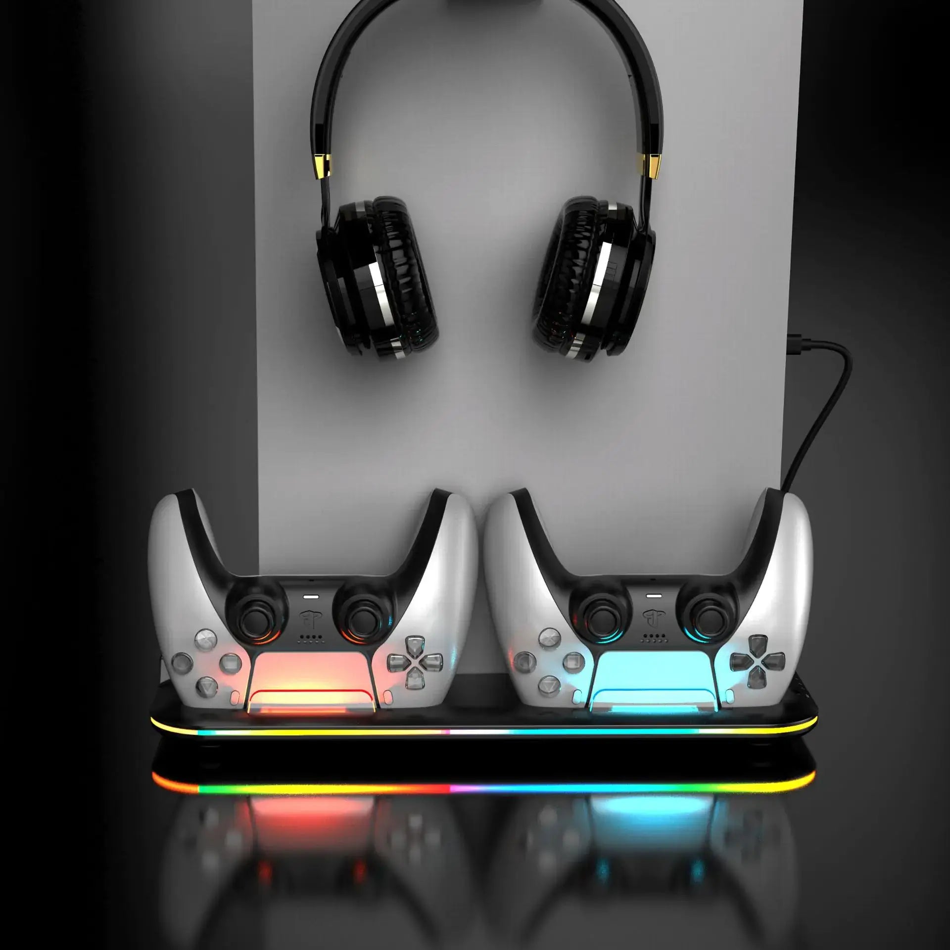 PS5 controller charging station with RGB lighting and headset holder