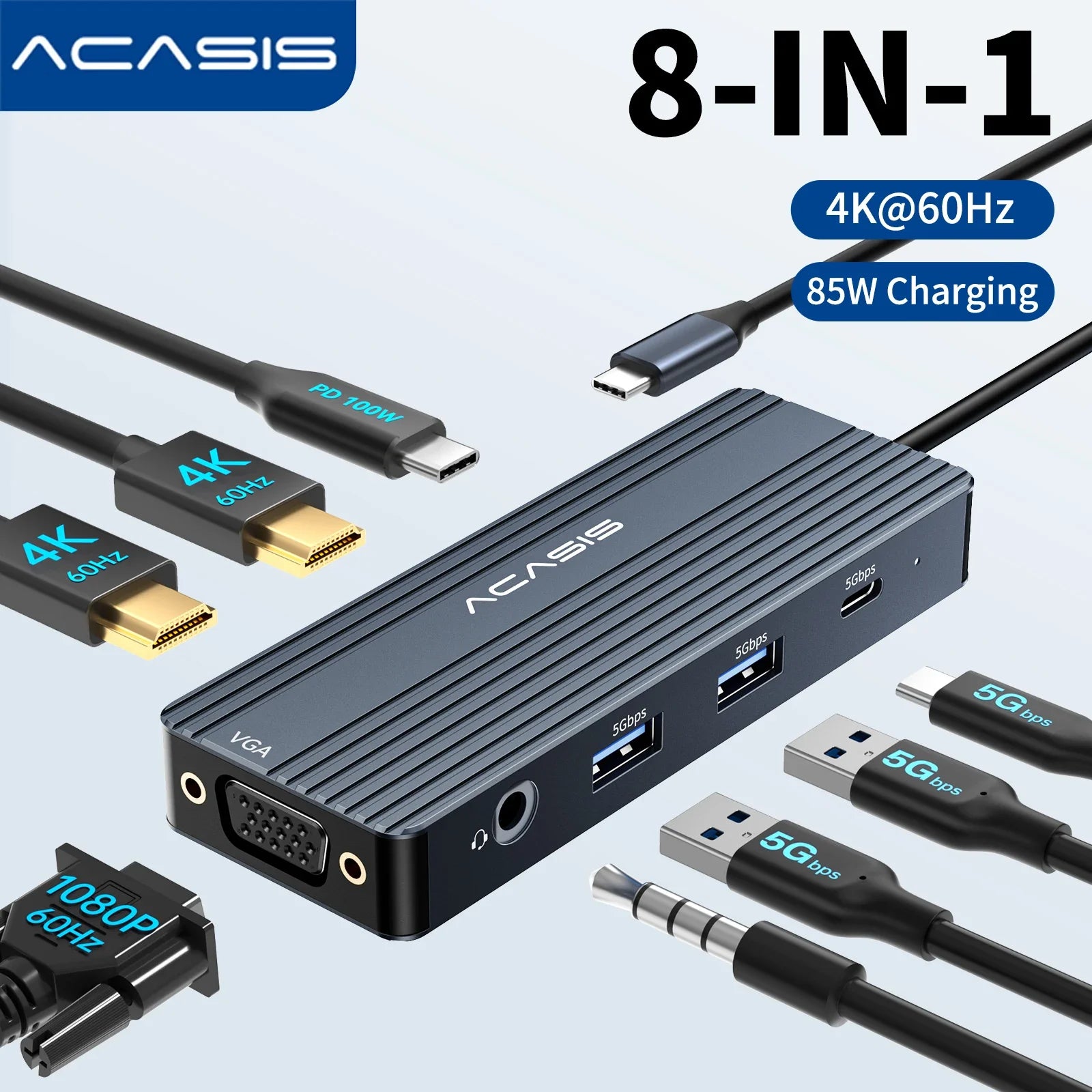 Acasis  USB-C Docking Station 8 Ports 5Gbps USB 3.0 4K 60HZ PD 100W Input 85W Output for Laptop