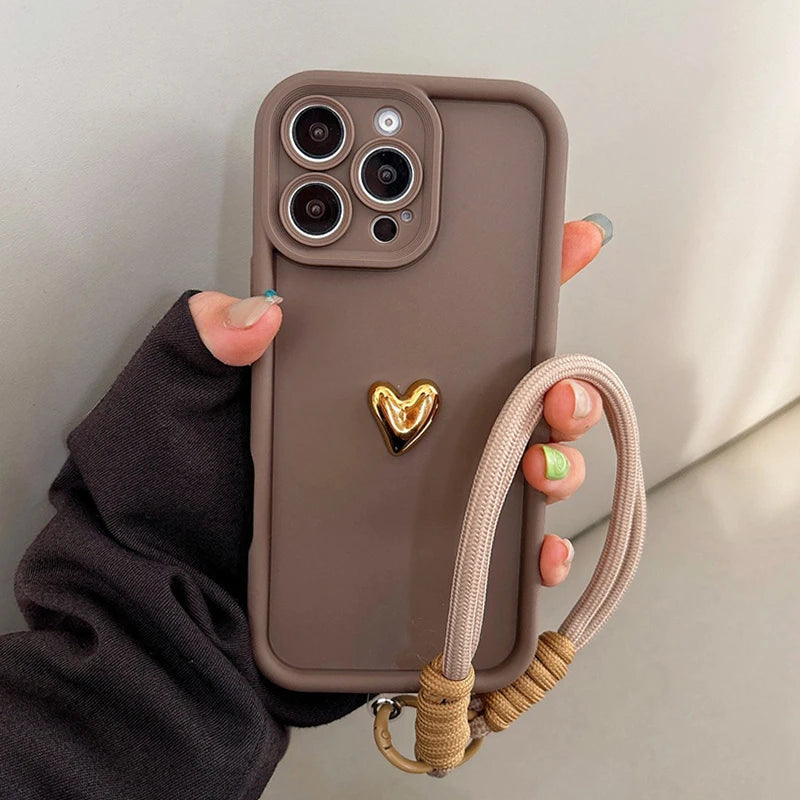 Cute Korean 3D Golden Love Heart Soft Case For iPhone 16 17 Pro Max 15 14 13 12 11 Pro 16E 7 8 Plus Wrist Chain Hang Strap Cover